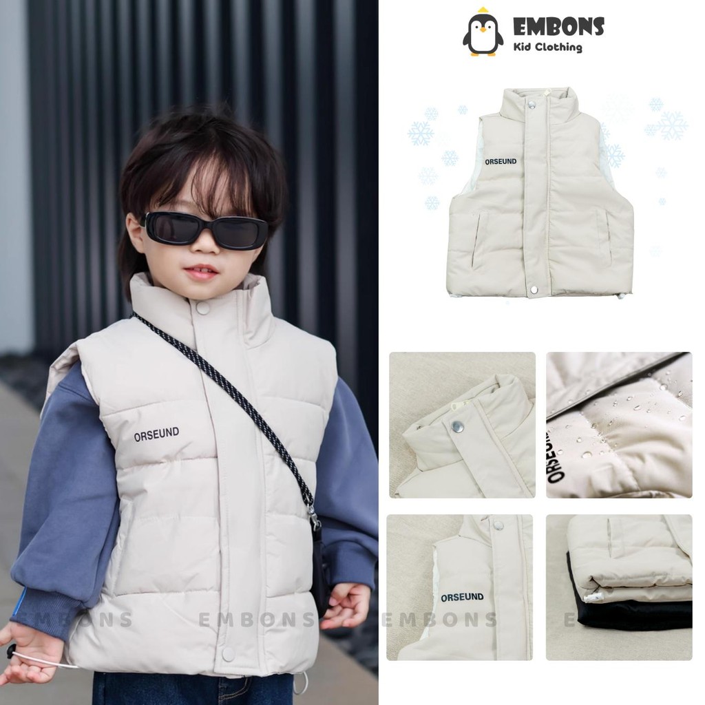 Áo phao gile cao cổ bông nhồi mềm cao cấp cho bé trai, bé gái chống nước, cản gió tốt EMBONS