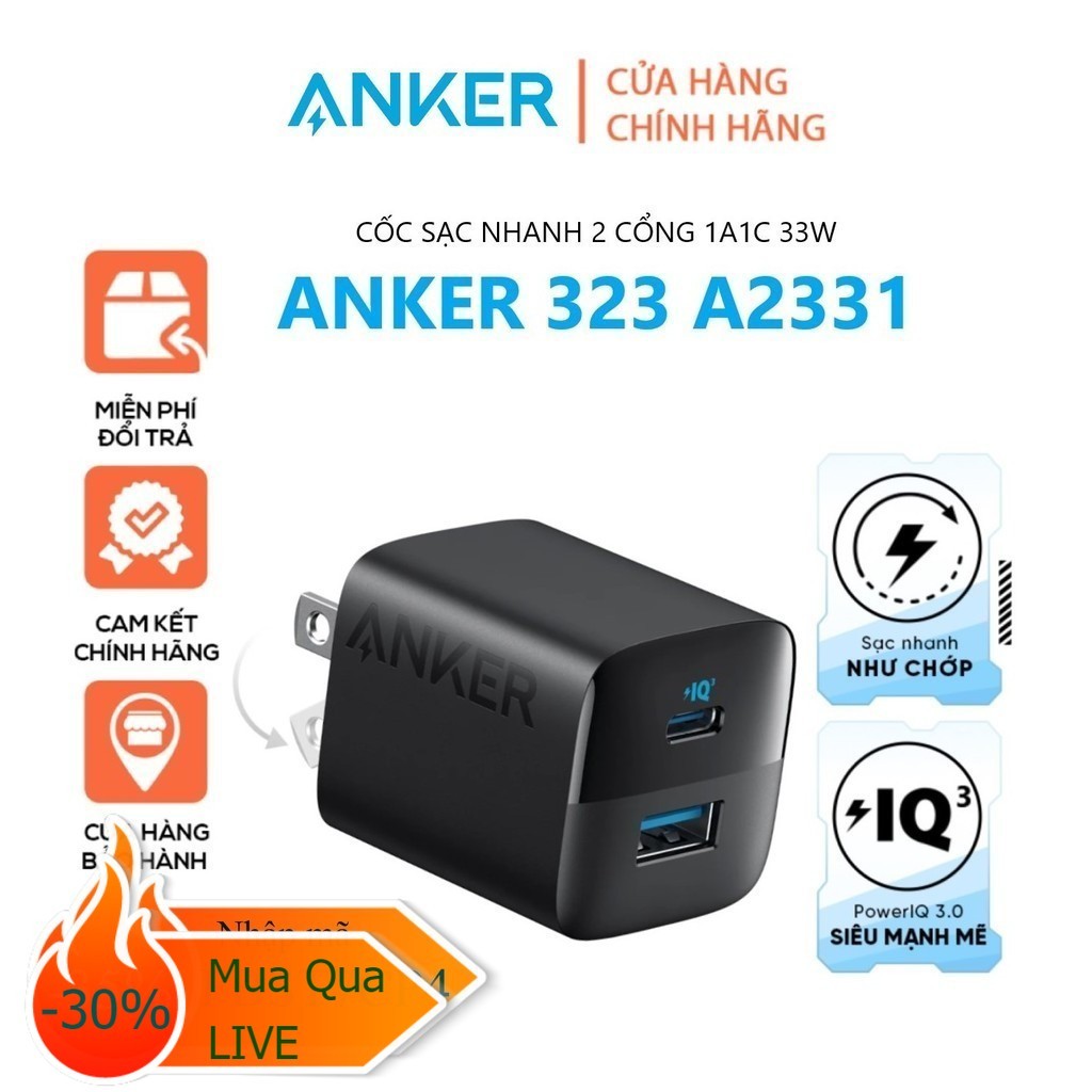 [GIAO HỎA TỐC] Củ Sạc Anker 323 2 Cổng 33w PD3.0/PPS/QC3.0 - Anker A2331 BH12TH