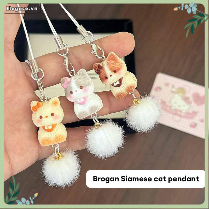 【Elevn】Mặt dây chuyền hình mèo Xiêm 3D hoạt hình dễ thương cho bé gái Dây đeo điện thoại hình trái tim bằng