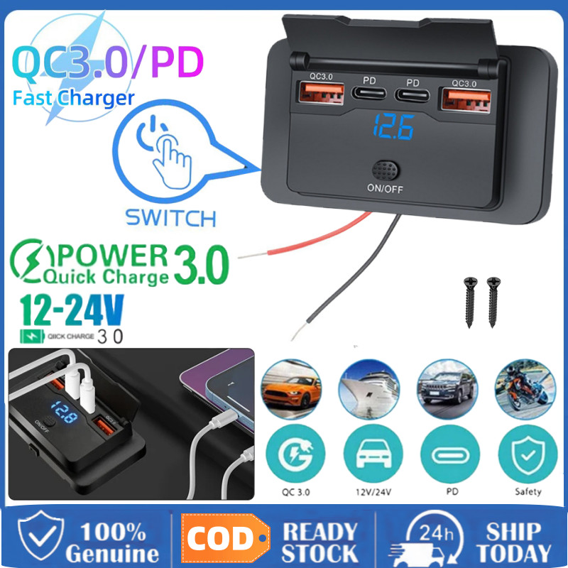 Dual PD QC3.0 Sạc Nhanh Xe Sạc Ổ Cắm Bảng Điều Có Công Tắc Ổ Cắm ,12 / 24V Bảng Treo Tường Sạc Cho X