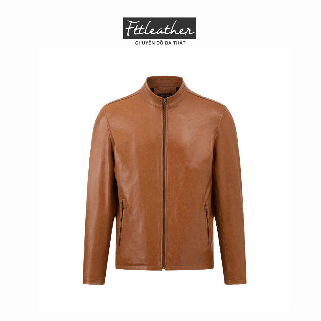 Áo da cừu nam FTT LEATHER Racer jacket trơn tay khoá dáng suông màu Vàng Nâu AD213C03