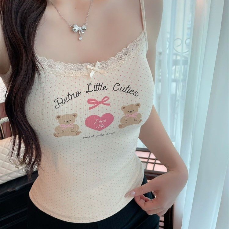 [260g Man Cotton Modal] Mùa Hè Phong Cách Mới Ngọt Cay In Nơ Sling Ngắn Slim-fit Ren Edge Top