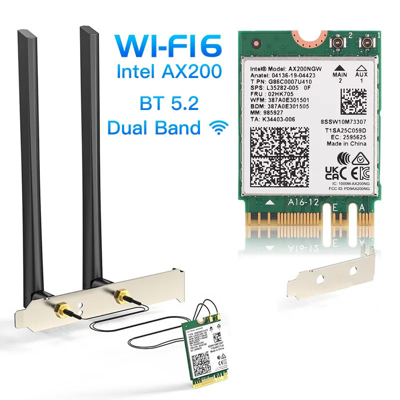 Băng tần kép Wifi 6 Intel AX200 M.2 Card mạng AX200NGW Bộ máy tính để bàn Bluetooth 5.2 Wifi6 Ăng-te