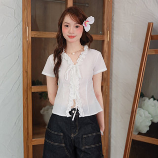  Áo Sơ Mi Kiểu Viền Bèo Nhún PINKSTORE29 Phối Dây Thắt Nơ Xinh Xắn A51444 