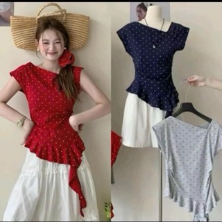  Áo thun bigsize nữ chấm bi lai bèo xinh cổ rộng tay ngắn chất liệu thun mềm mịn co giãn thấm hút mồ hôi nhiều màu -A303 