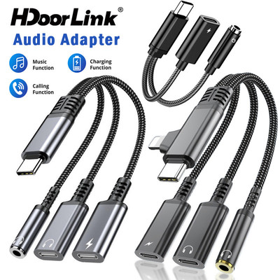 Bộ chuyển đổi tai nghe HdoorLink 3in2 USB C / iOS sang Type C / Jack 3.5mm Bộ chuyển đổi âm thanh AUX Cáp sạc 10W cho Samsung iOS 16 15
