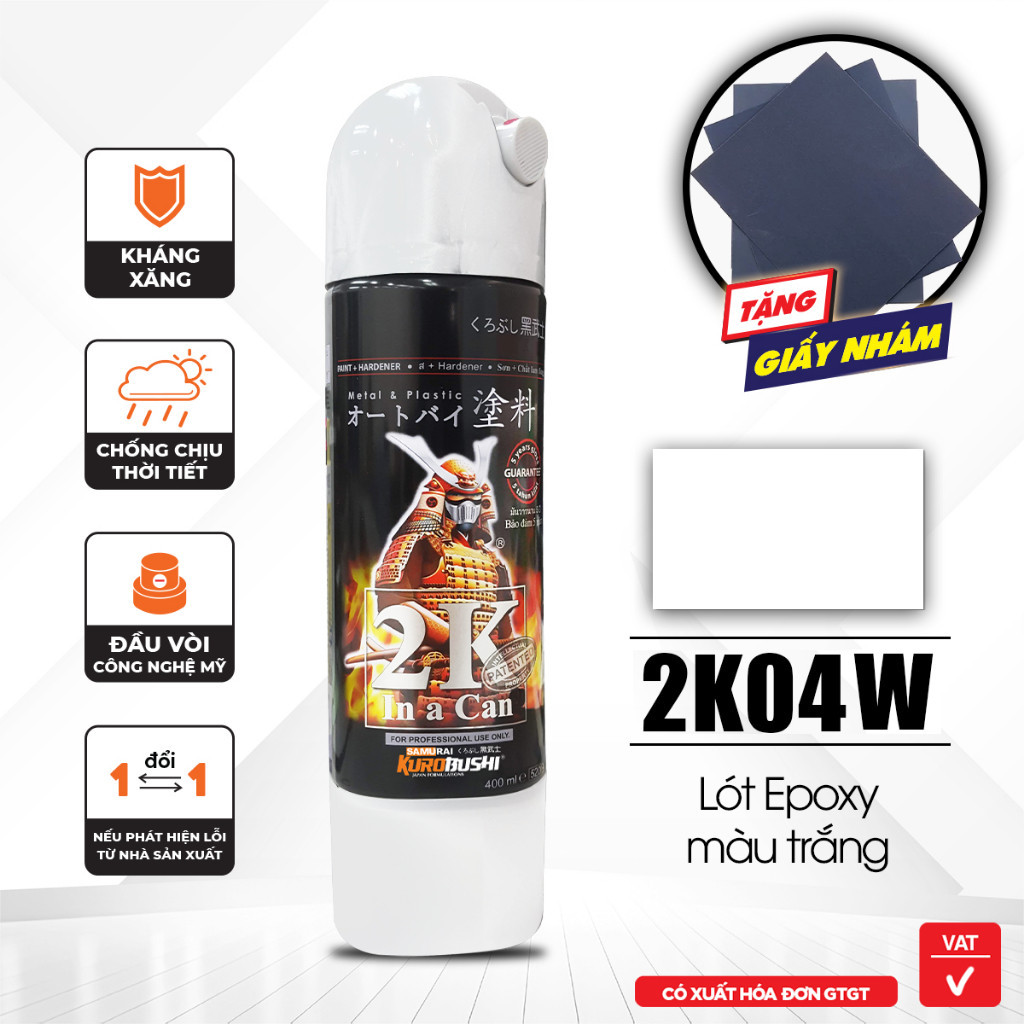 Sơn xịt lót 2k Epoxy màu trắng 2K04W (400ml) samurai chính hãng