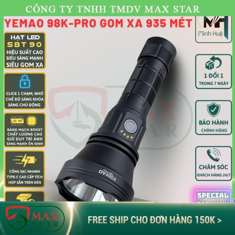 Đèn pin cầm tay siêu sáng YEMAO K98 PRO cao cấp LED SBT90 pin 21700 chống nước, siêu sáng mạnh siêu 