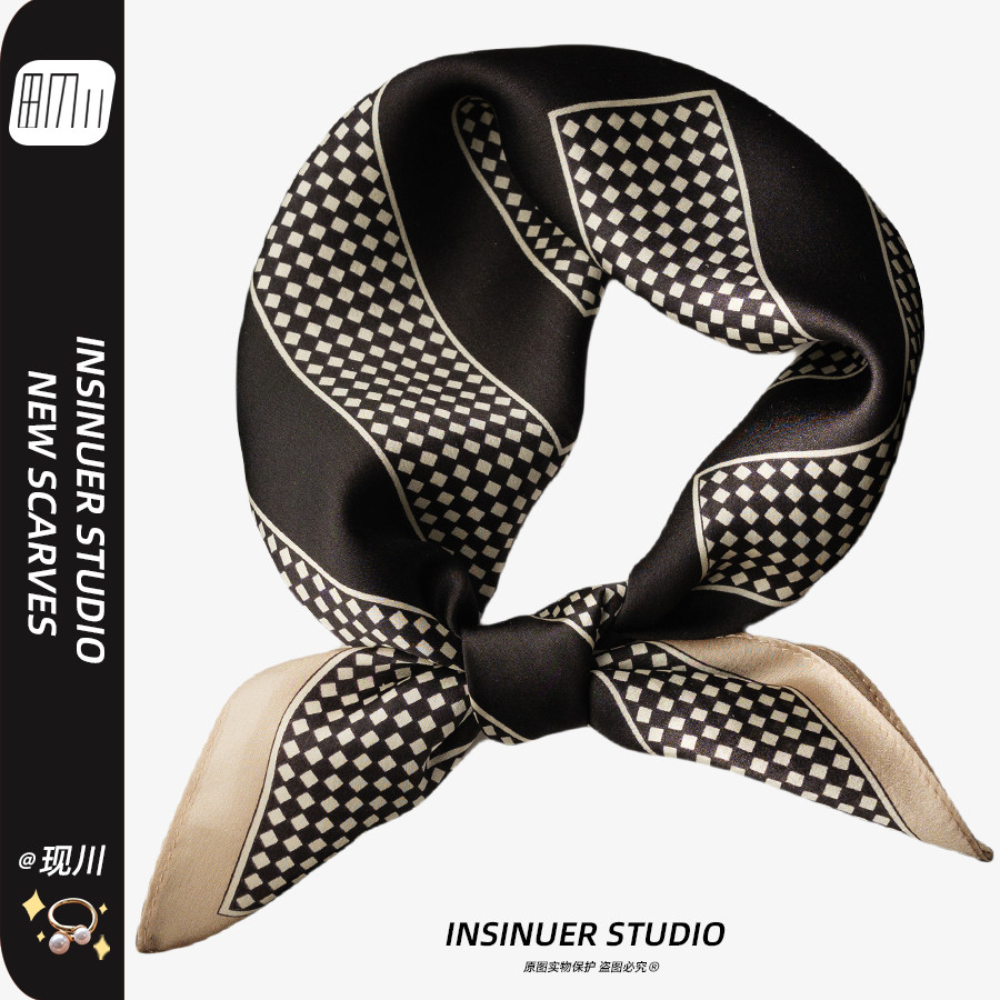 INSINUER {Ishihara Satomi} Niche Polka Dot Silk Khăn vuông nhỏ cho bé gái Khăn lụa dâu tằm đen phù h