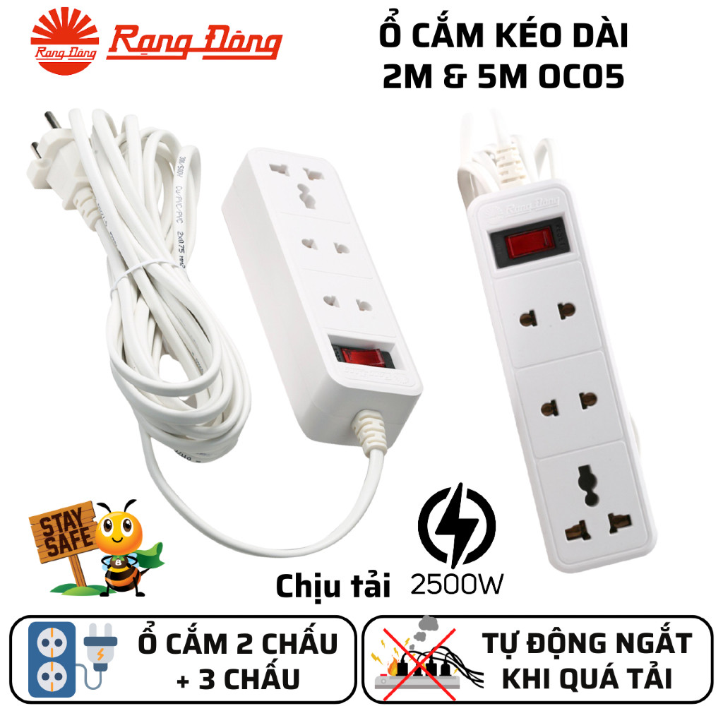 Ổ cắm kéo dài 2m và 5m Rạng Đông - Model: OC05 3C/2M/10A, OC05 3C/5M/10A