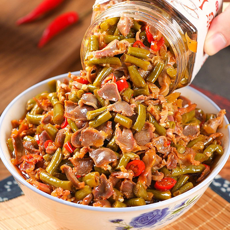 ‌ Gizzard gà cay với đậu dài ngâm ‌ Gizzard gà cay, Đậu ngâm, Thịt gà nóng và chua, Dưa chua đặc sản