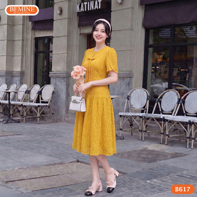 Đầm thiết kế BEMINE cổ tròn tay cánh tiên đính nơ dáng chữ A phù hợp đi chơi-B617