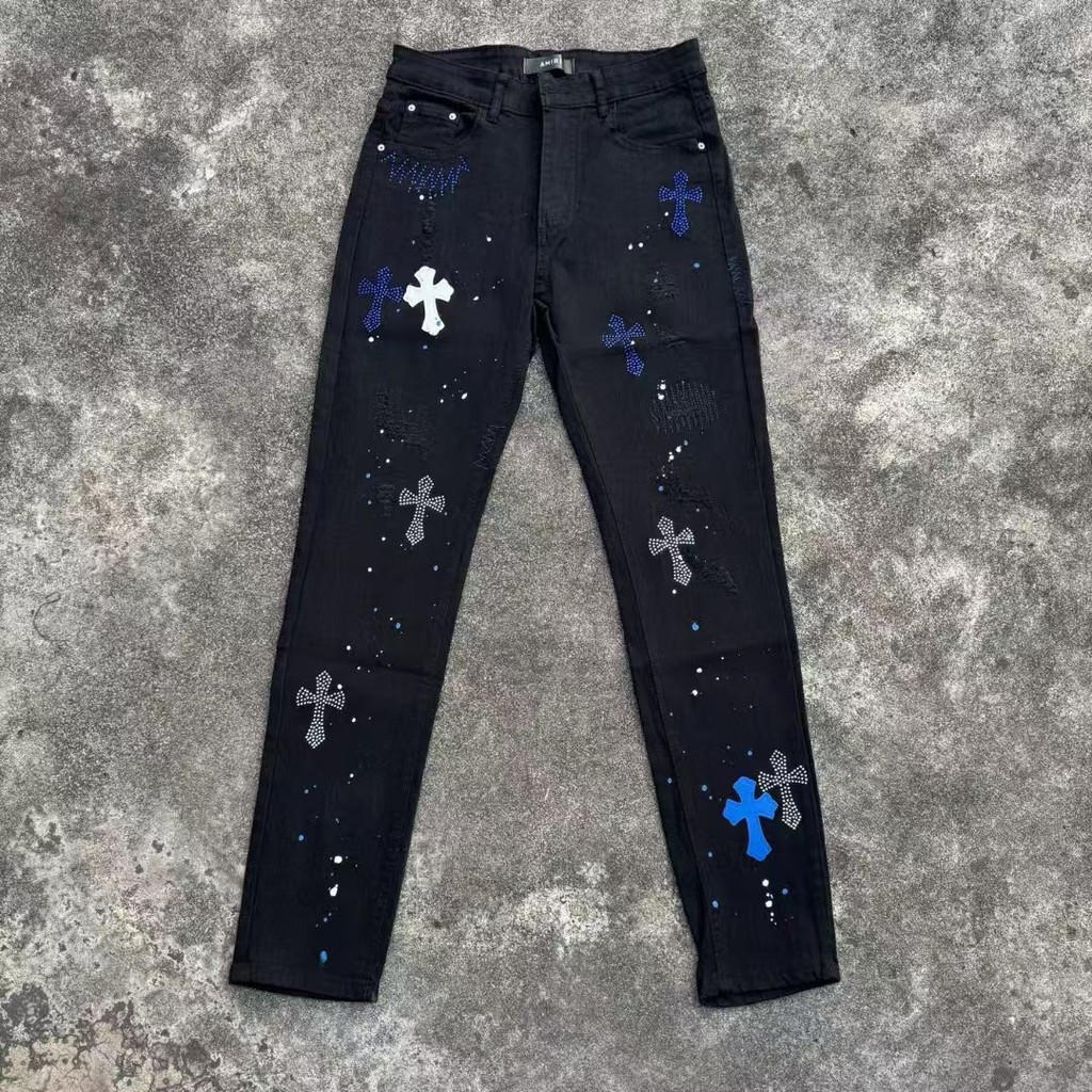 SALR Amiri Cross Hole Patch Quần Jeans Amiri Rách Skinny Co Giãn Quần Jean Slim-fit