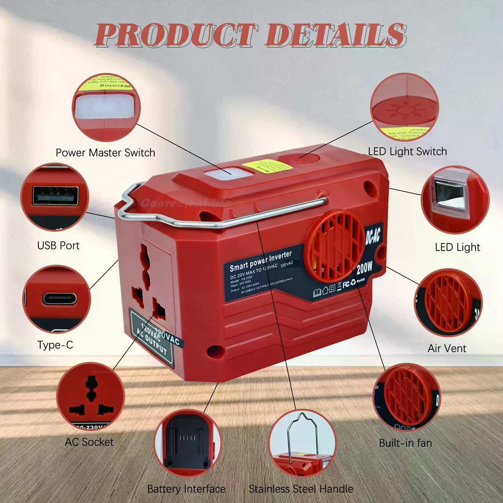 Biến Tần Nguồn Cho Milwaukee 18V Pin 200W Di Động Cung Cấp Biến Tần DC 18V Sang AC 110V ~ 230V Cổng 