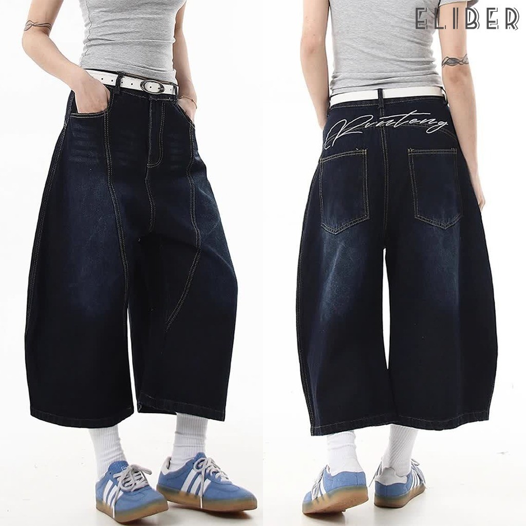 ELIBER- SẴN HÀNG - Quần Jeans Nữ 7 Phần Ống Rộng - Kiểu Retro Mỹ - Dáng Lưỡi Liềm Thoáng Mát
