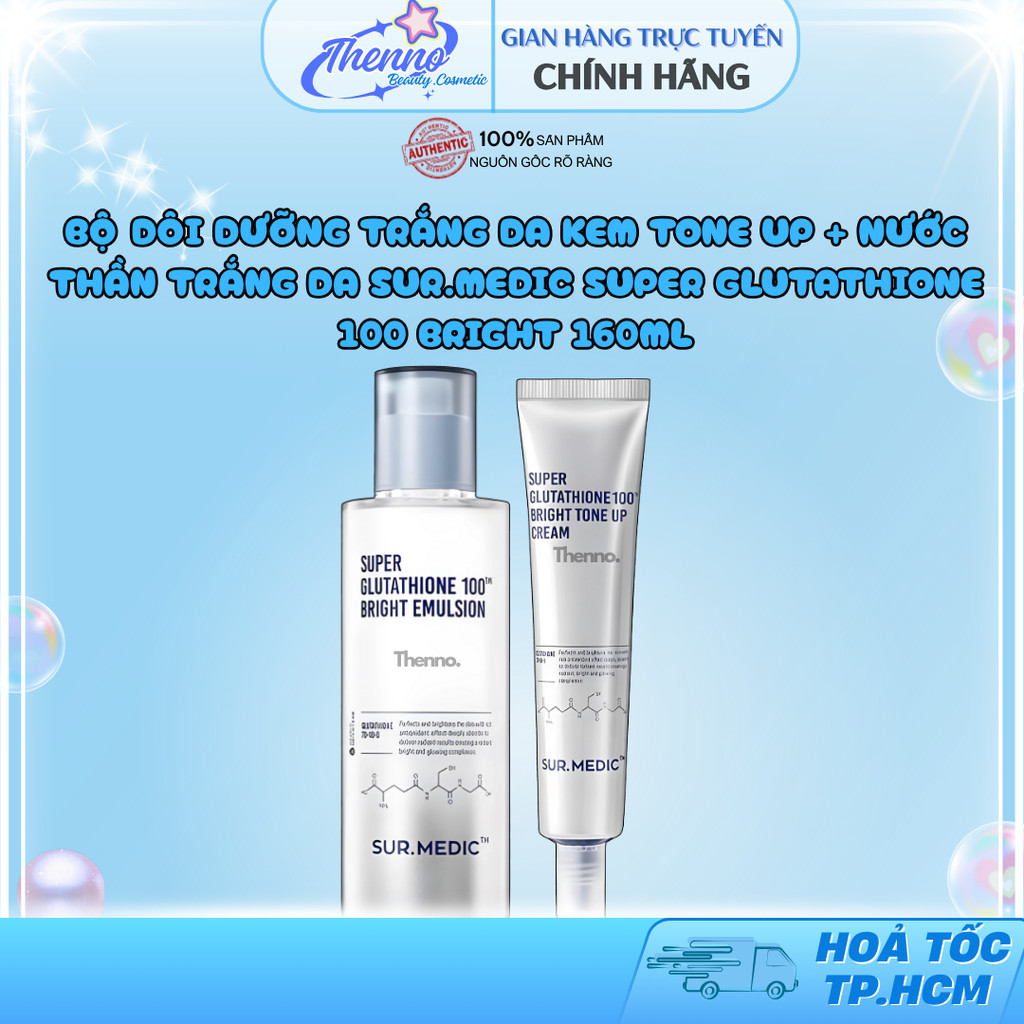 Bộ Đôi Dưỡng Trắng Da Kem Tone Up + Nước Thần Trắng Da Sur.Medic Super Glutathione 100 Bright 160ml