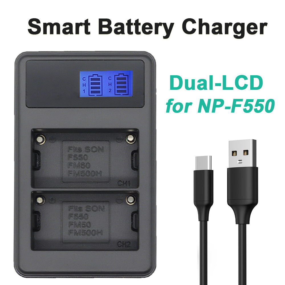 F550 LCD Dual USB Charger with cable (Micro USB Type-C) for Sony Batteries