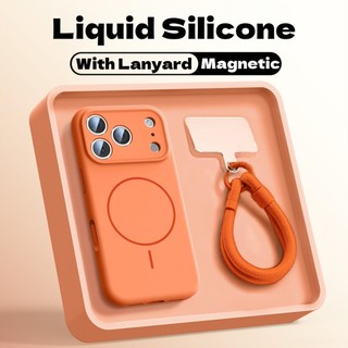  Ốp điện thoại mềm silicon mờ sang trọng có dây buộc cho iPhone 17 16 15 14 13 12 Pro Max plus Ốp lưng không khí silicon màu cam từ tính chống sốc 17pro dây đeo mặt sau 