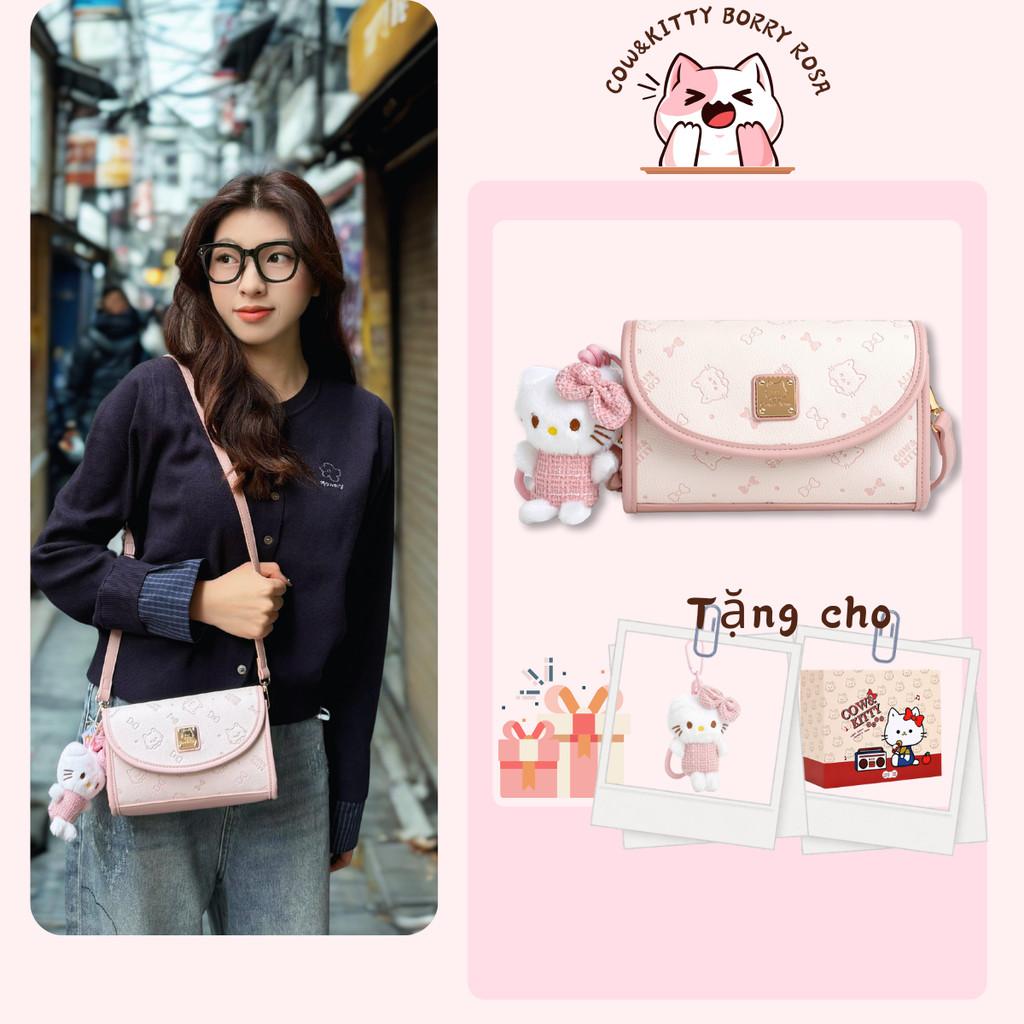 Cow & Kitty / BORRY ROSA Túi đeo chéo màu hồng Túi xách phong cách  Hello Kitty Lựa chọn quà sinh nh