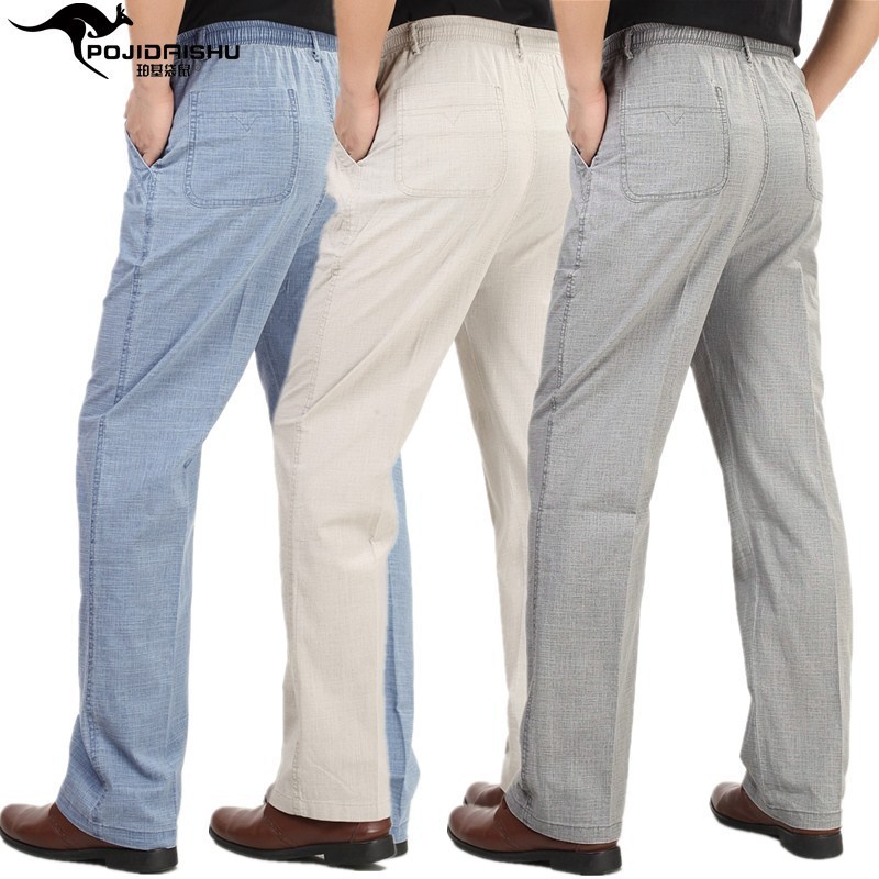 Poki Kangaroo Xuân Hè Mỏng Vải Lanh Co Giãn Quần Nam Quần Co Giãn Eo Plus Kích Thước Rời Trung Niên 