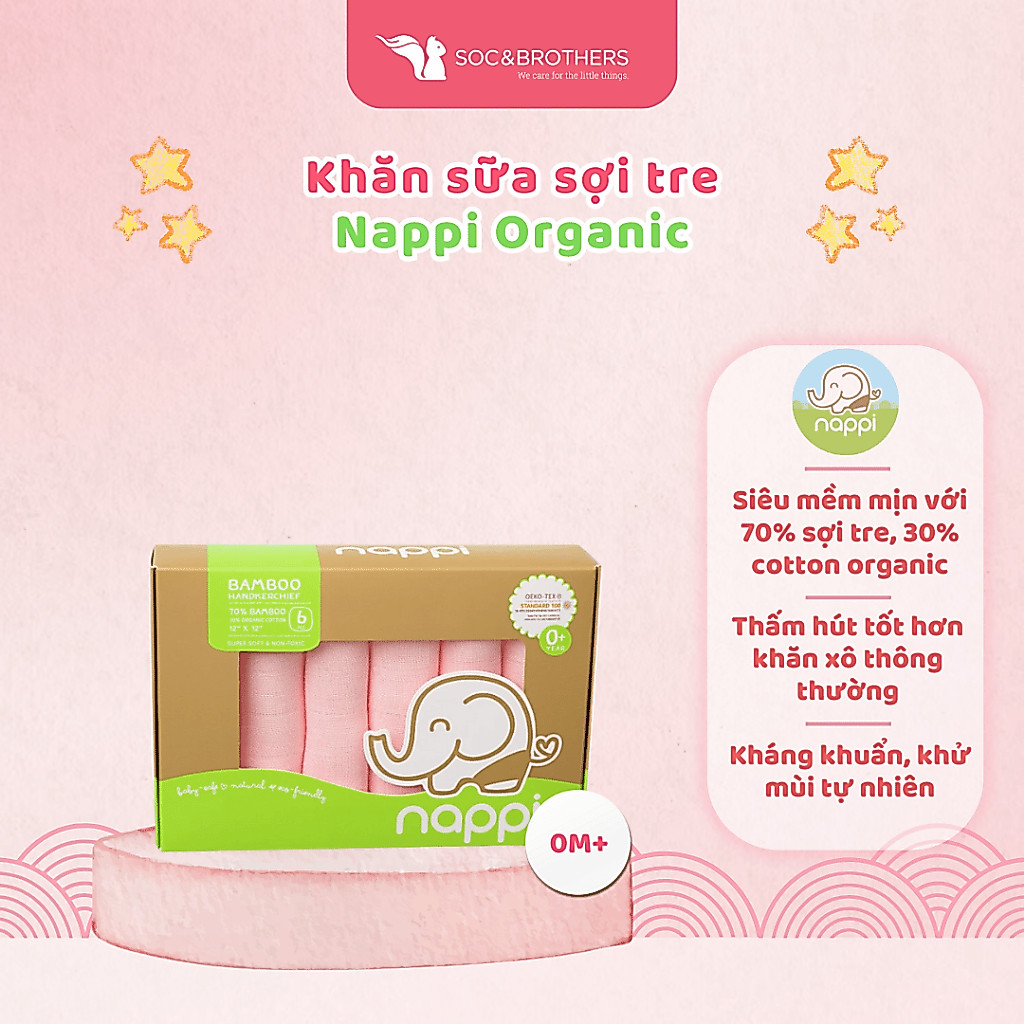 Khăn Sữa Sợi Tre Nappi Organic Cao Cấp Mềm Mịn Cho Bé KT 30x30cm (Hộp 6 Chiếc) - Soc&Brothers