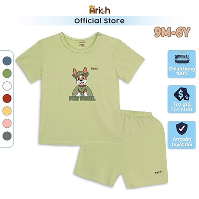 Bộ cộc tay cài vai Arich vải sợi tre in Cún Xanh cho bé từ 9 tháng đến 6 tuổi