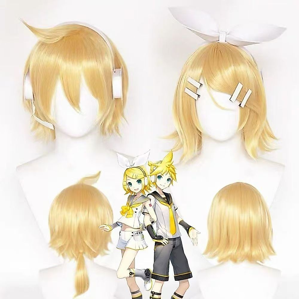 Anime Vocaloid Kagamine Rin / Kagamine Len Cosplay Tóc Giả 30cm Ngắn Vàng Tóc Chịu Nhiệt Tổng Hợp