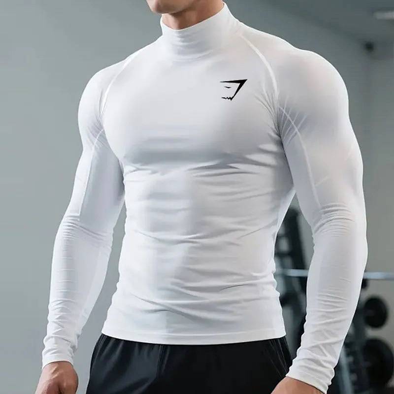 Gymsherk High Collar Sports Tights Long Sleeve Men's Basketball Gym Clothes Figure Wait Lifting High
