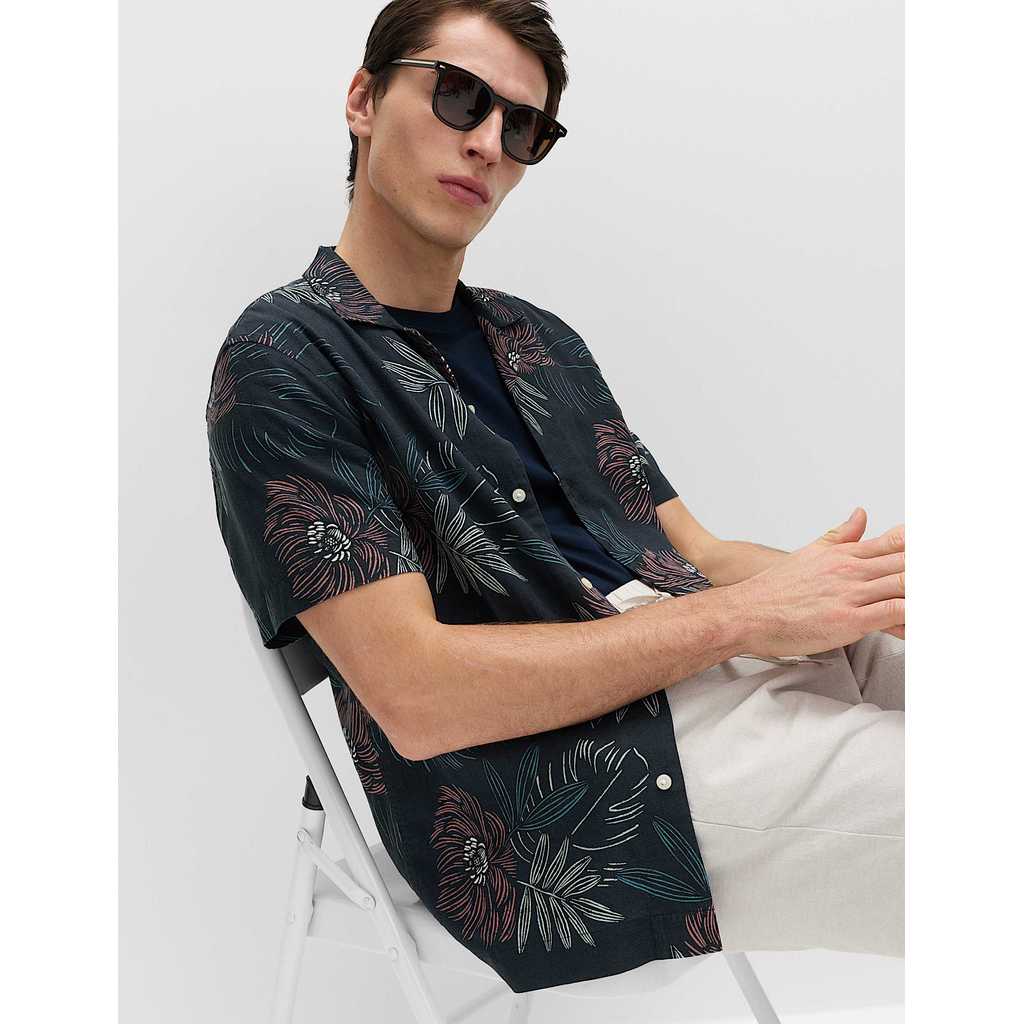 M&S - Men Shirts - Linen Rich Hawaiian Shirt - NAVY MIX