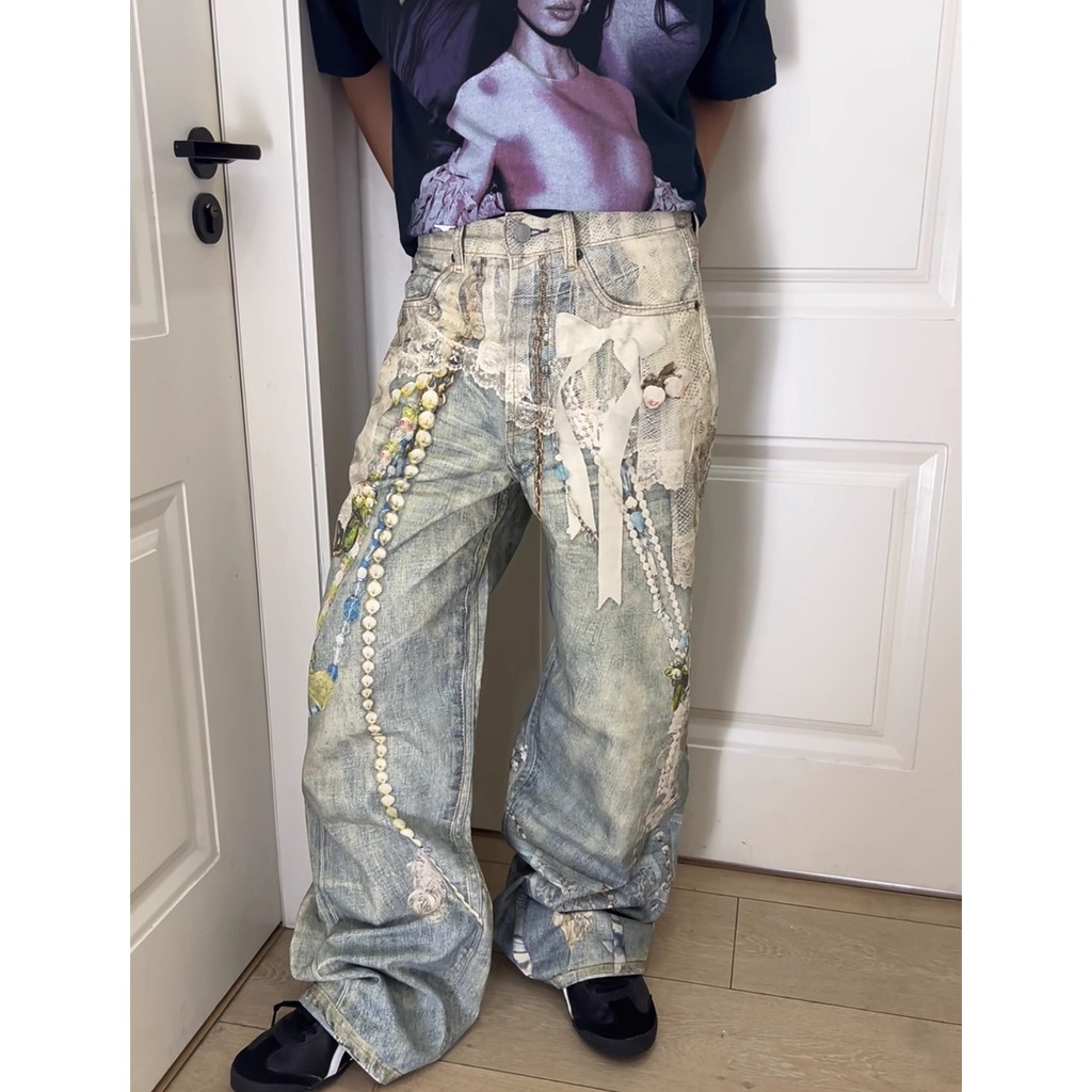 3D In Ren Ngọc Trai Dây Xích Quần Rời Nam Nữ Quần Jean Ống Rộng