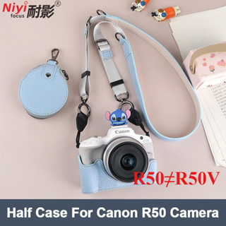R50 Da PU Đế Ốp Lưng Canon EOS R50 R100 Camera Bảo Vệ Nửa Thân Túi 1 / 4 Vít Bao Túi Pin Mở Đáy