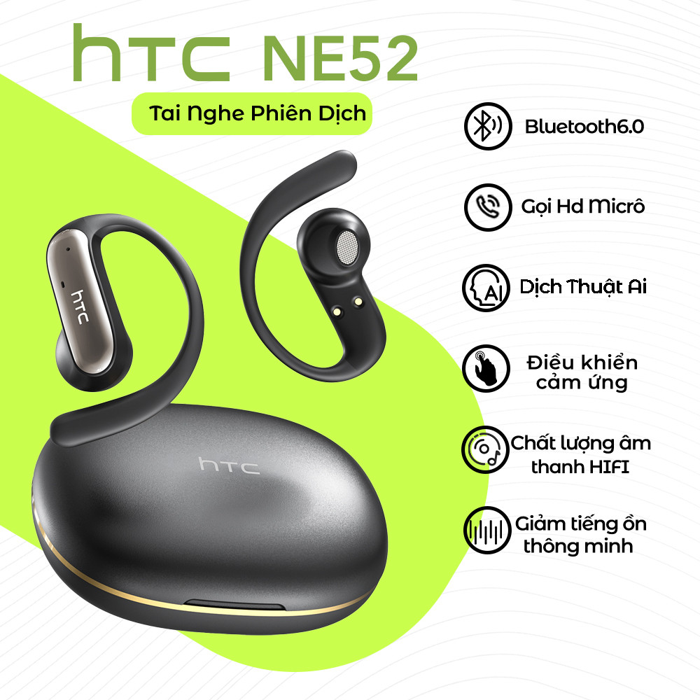 HTC NE52 Tai Nghe Phiên Dịch AI 134 Ngôn Ngữ  Kết Nối Bluetooth 6.0 Âm HiFi Chân Thực  Thiết Kế Nhét Tai Thoải Mái  IPX5 Chống Nước