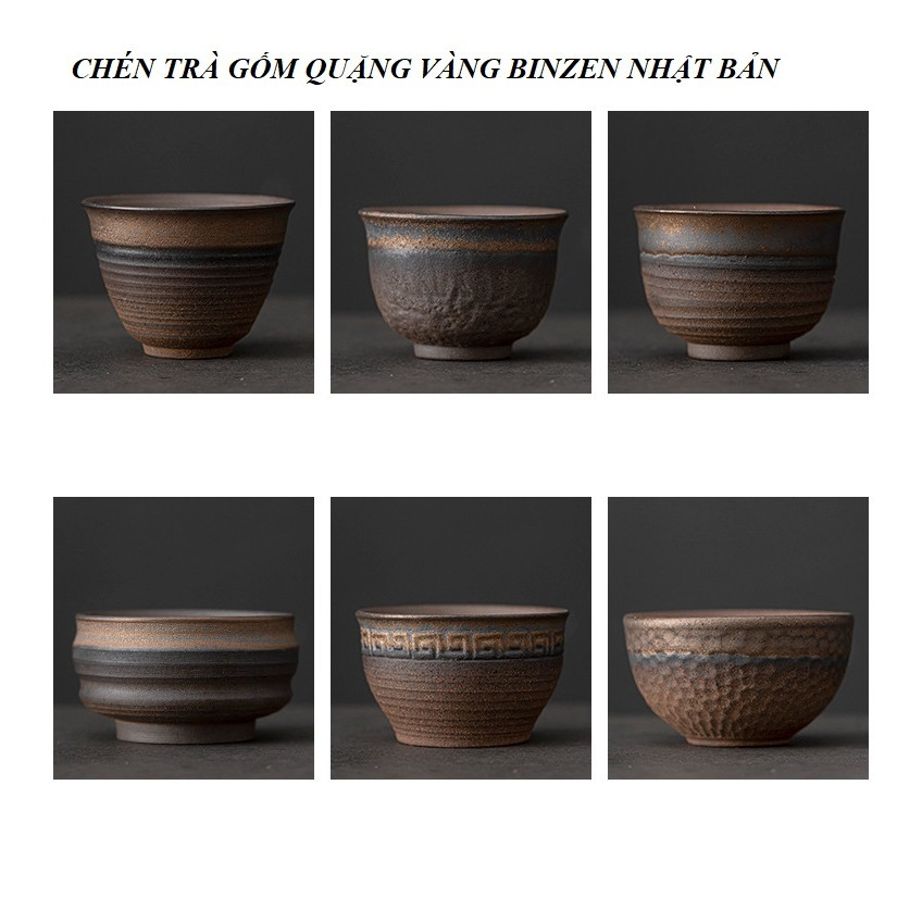 Chén Trà bằng gốm Bizen Nhật Bản Men Vàng