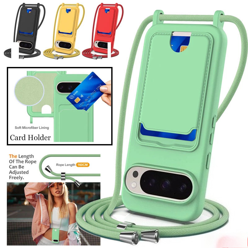 Dành Cho Google Pixel 8 9 10 Pro XL 8A Crossbody Fusion Liquid Silicone Case Card Cover Dây Đeo