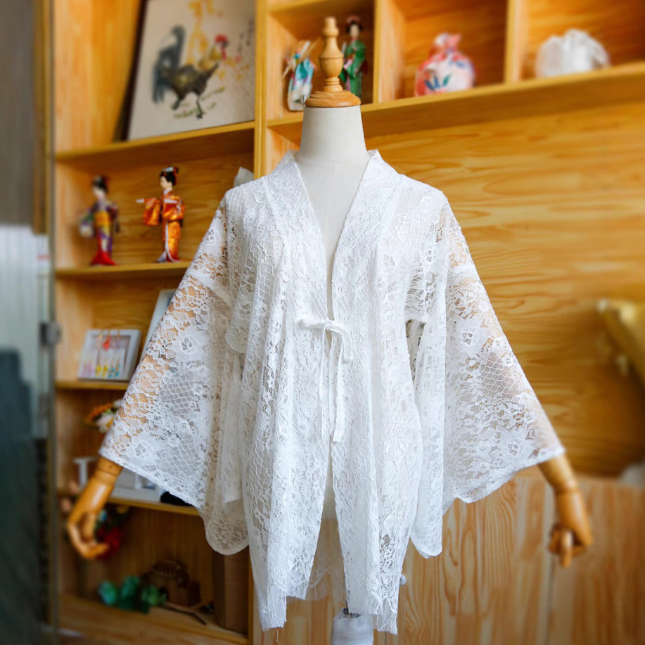 Áo khoác Haori phong cách Nhật Bản, ren rỗng, dáng dài vừa phải