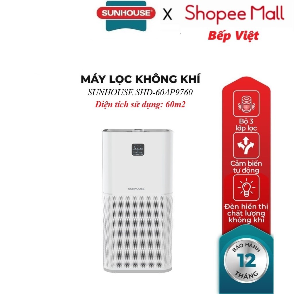 MÁY LỌC KHÔNG KHÍ SUNHOUSE SHD-60AP9760, Công nghệ ion tiên tiến , Diện tích sử dụng: 60m2, Độ ồn nhỏ, hoạt động êm ái