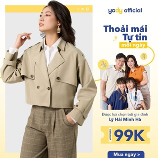 Áo măng tô nữ YODY dáng ngắn chun lưng cạp chất vải mềm mại, bóng nhẹ MTN7003