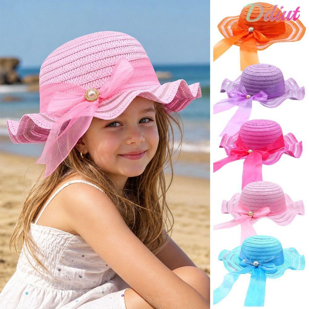 Mũ Rơm DDIUT, Mũ Chống Nắng Trang Trí Hoa 3-7Year, Vành Rộng Ngọt Ngào Handmade Mũ Xô Đi Biển