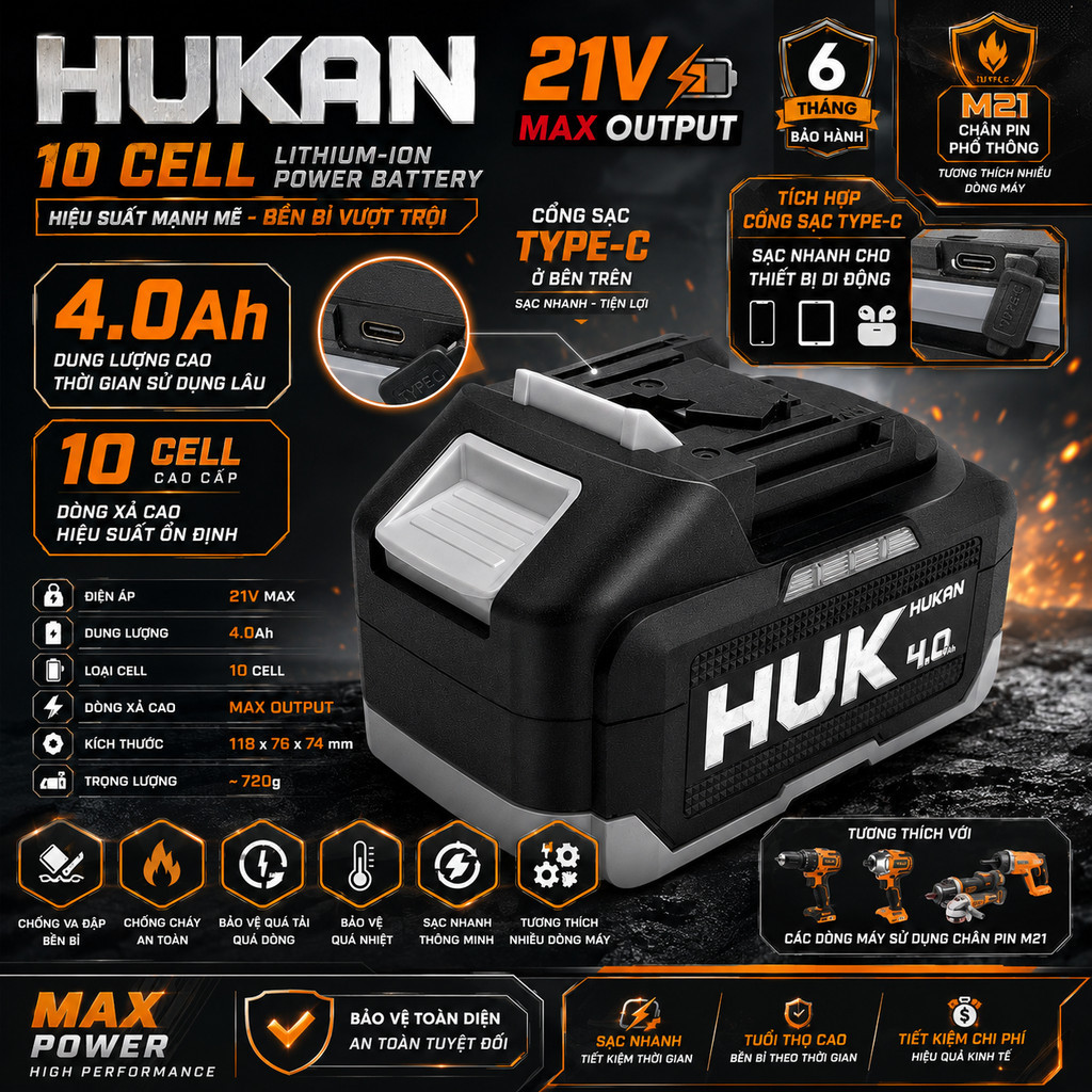Pin HUKAN 10 Cell 4.0Ah Cao Cấp HUK GEN3 Và GEN1 HUKAN 15CELL- Chân Pin M21 - Tích Hợp Cổng Sạc TYPE