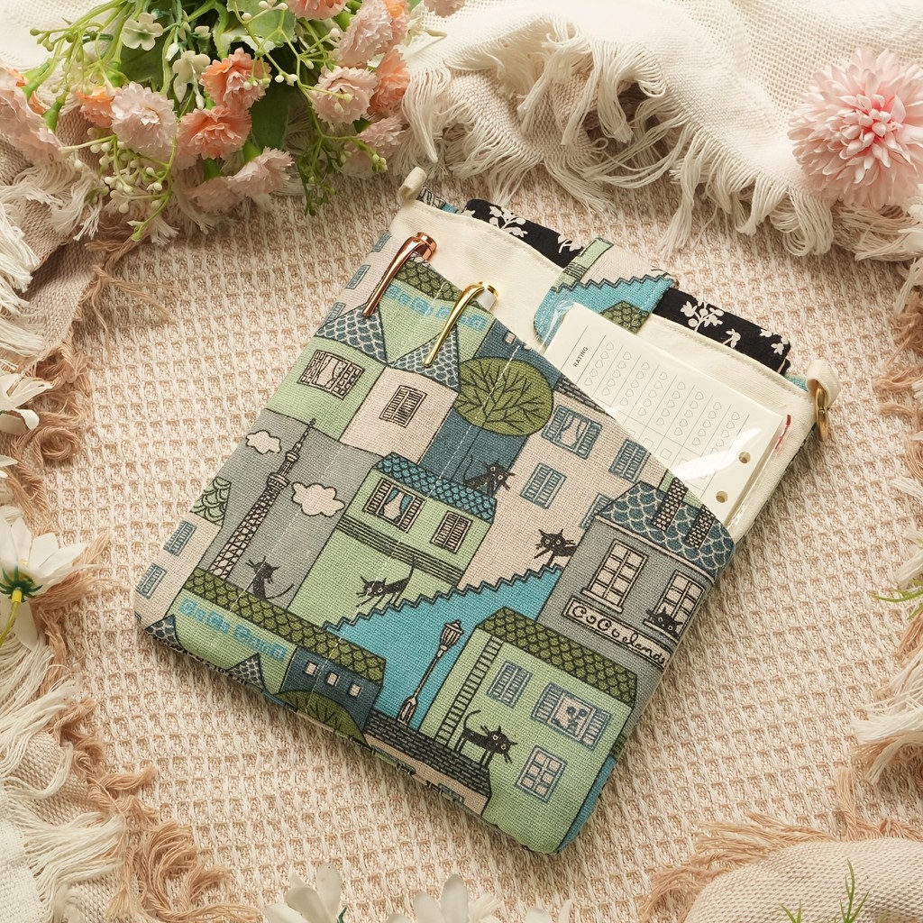 Vintage Cat Town In Canvas Book Sleeve, Dễ Thương Nhà Mèo Đen Họa Tiết Vải Notebook Po
