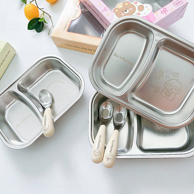 (Tặng Thìa) Khay Inox 2 Ngăn Cho Bé Ăn Dặm Kèm Thìa Hình Thú KidAndMom cho bé ăn dặm An Toàn