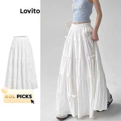 (KOL‘s pick) Lovito Phong cách thường ngày Váy xếp nếp xếp tầng có nơ đơn giản lãng mạn dành cho nữ L98AD095