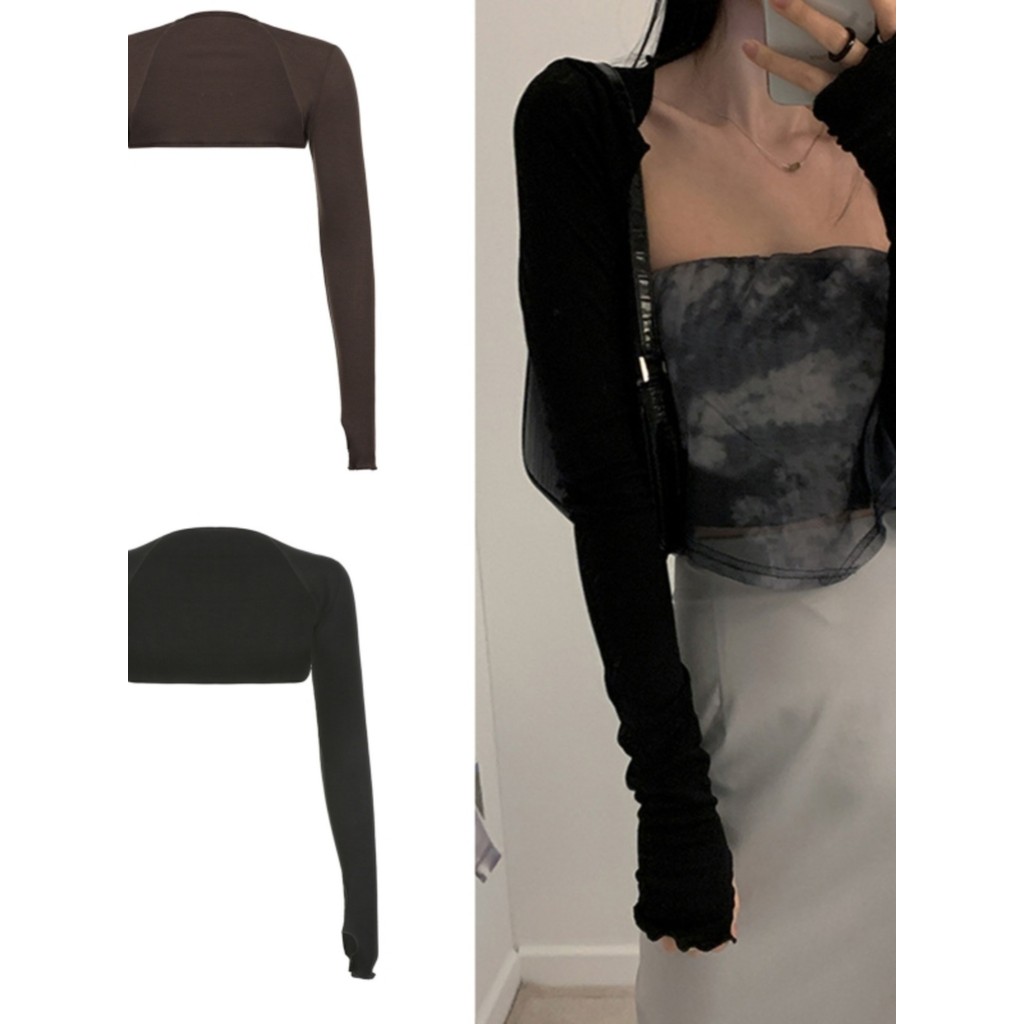 Phụ nữ Thumbhole dài tay Bolero Shrug Màu trơn Mở Fr