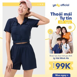 [SALE] Set đồ nữ YODY bộ đồ áo croptop quần short, phối túi hộp, có mũ, vải mát mềm mịn co giãn WCST25S063