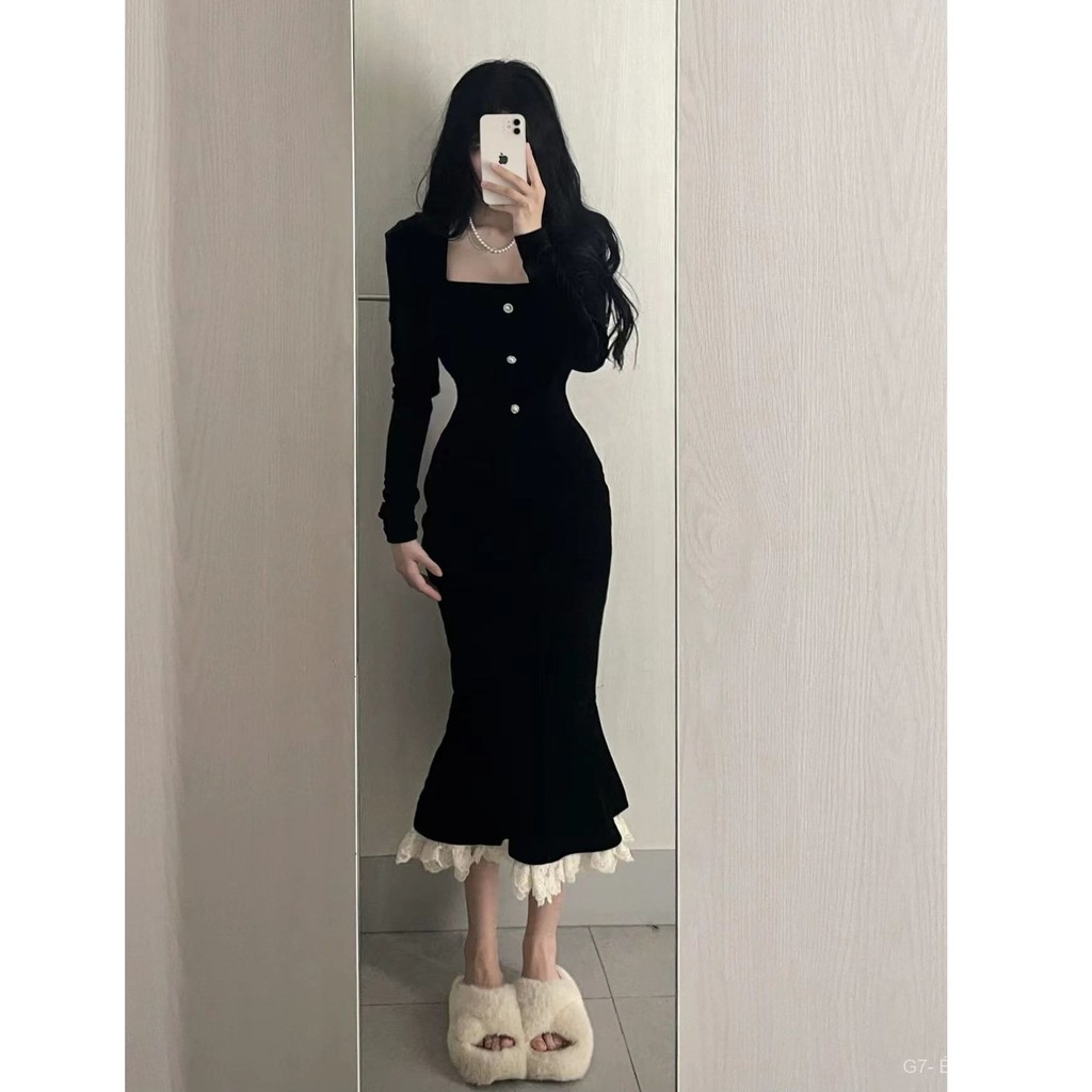 Đầm đen cổ vuông kiểu Pháp cho phụ nữ, đầm đuôi cá mùa đông vintage, đầm ôm body nhung thanh lịch dà