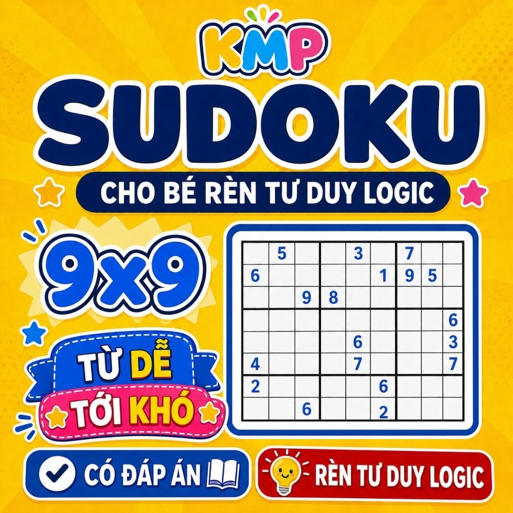 Bộ 100 Bài Sudoku Cho Bé 9x9 - Trò Chơi Tư Duy Logic Từ Dễ Đến Khó, Kèm Đáp Án - Học Liệu KMP