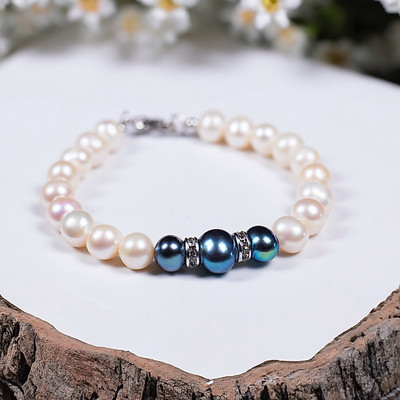 Vòng Tay Ngọc Trai 7ly Bạc Phối Màu Xanh Ánh Lông Công - Ngọc Trai Trường Thịnh