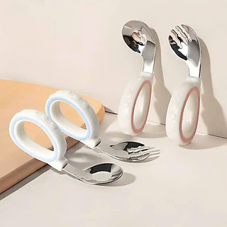 Set thìa dĩa tập ăn cho bé cán cầm vòng tròn chất liệu inox 316 set muỗng nĩa M55