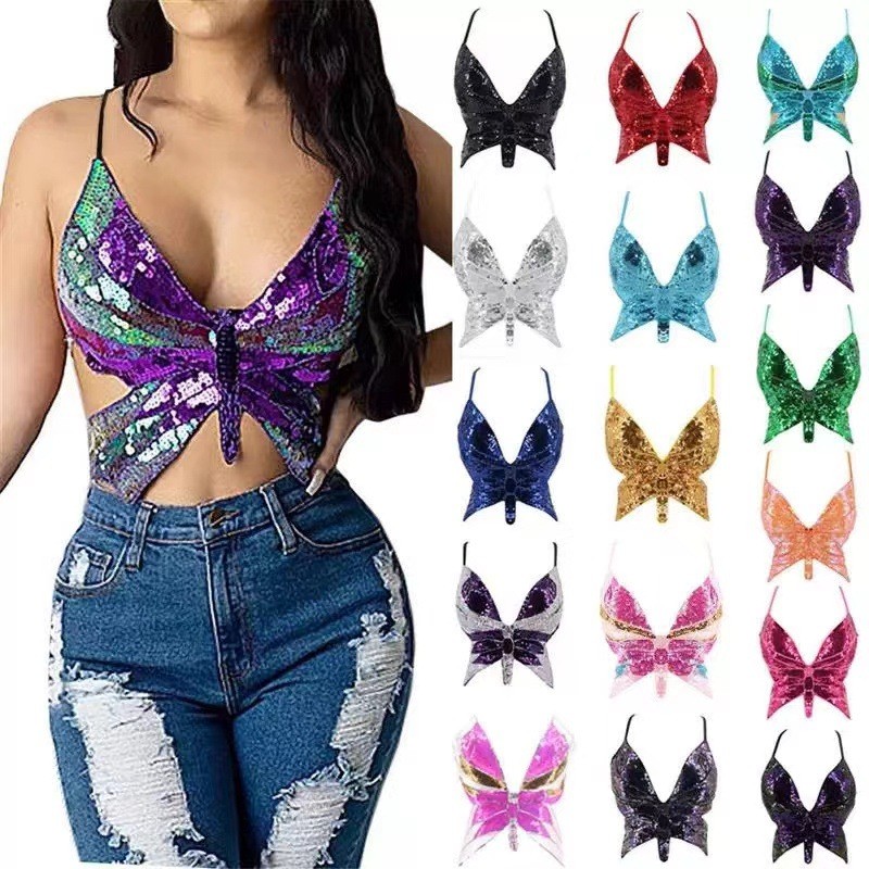 Sequin Butterfly Top Belly Dance Sequin Butterfly Bra DS Hộp đêm Sân khấu Sequin Performance Top
