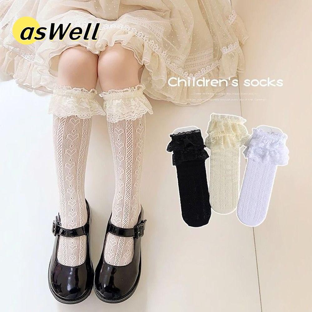 Vớ ren ASWELL, Tất lưới Cotton Spandex Lolita, Tất dài bé gái